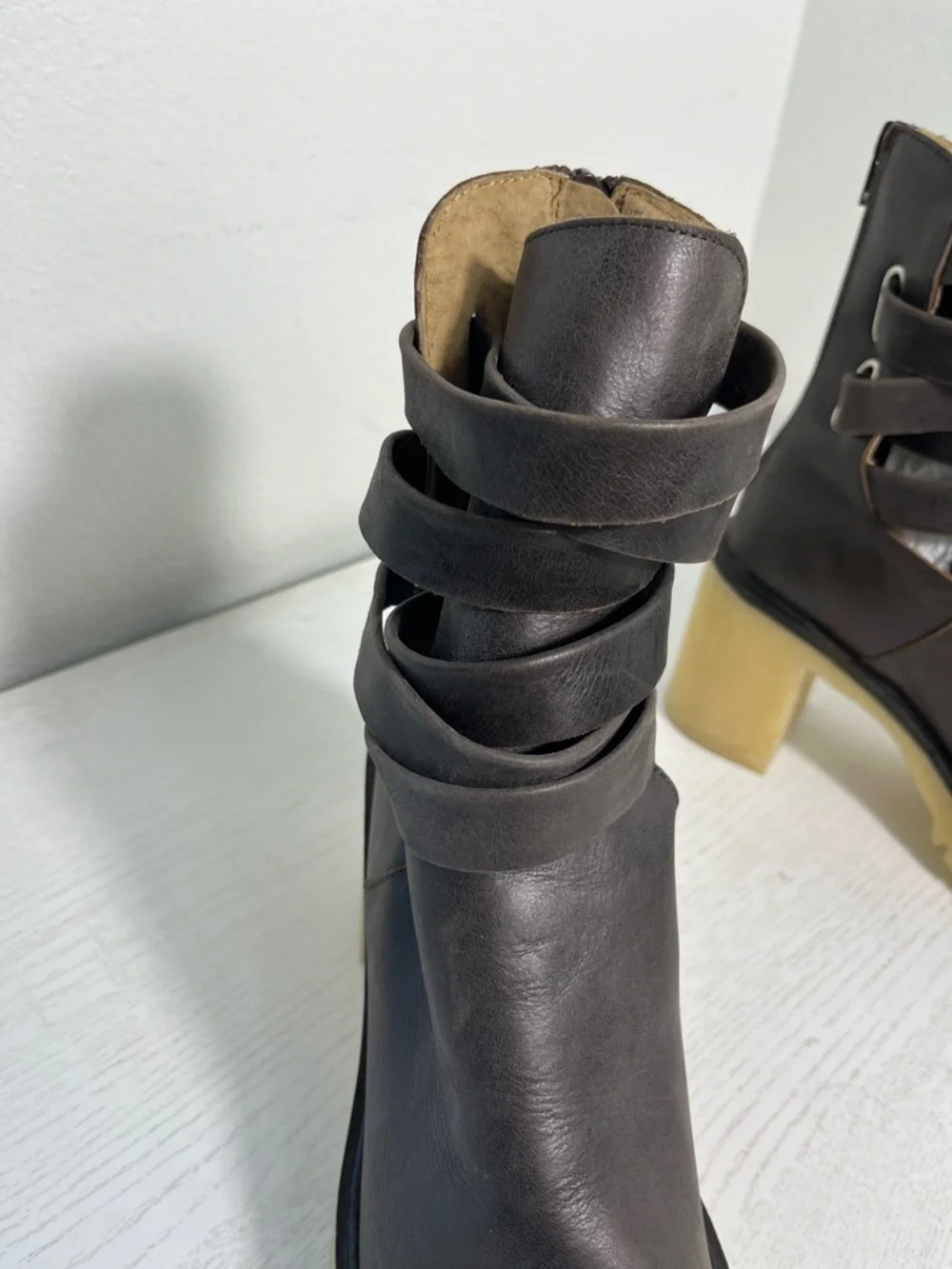 NEW Free People Jesse Cutout Leather Boots Bitter Brown Chunky Cream Heel 41/10